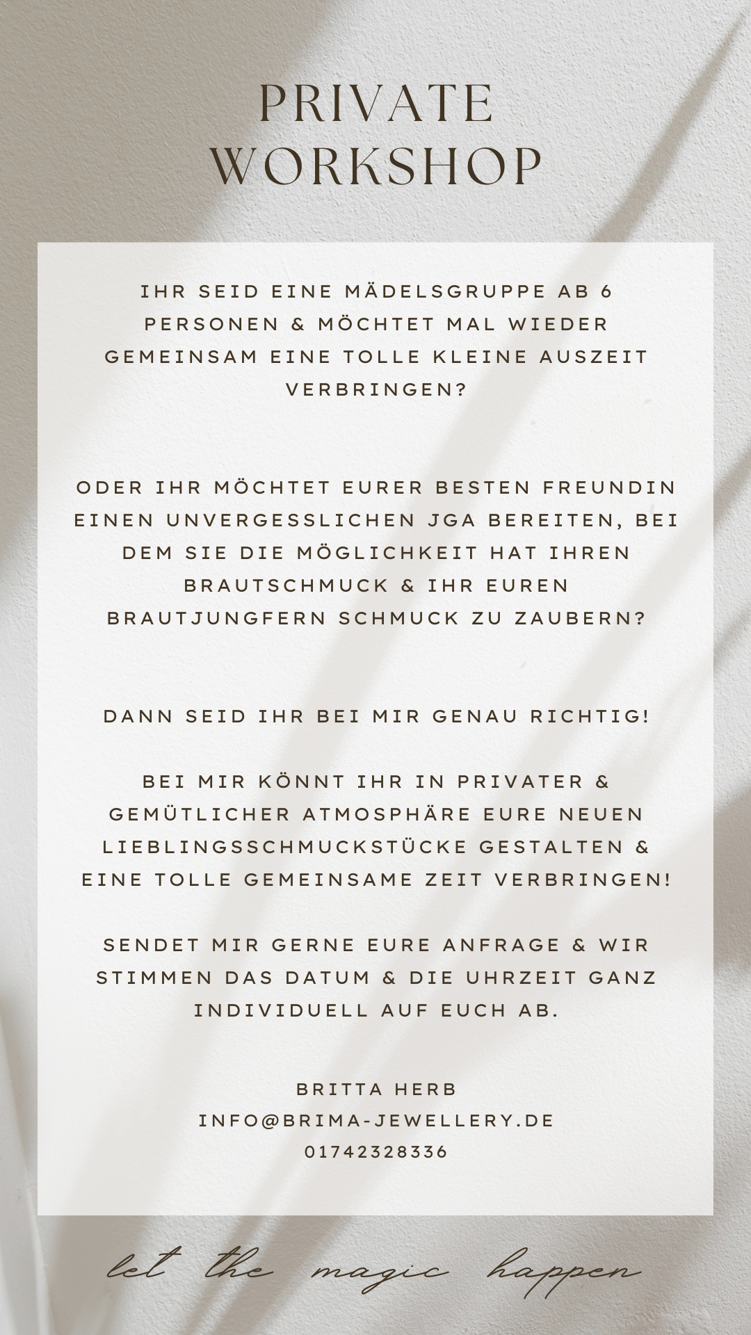 PRIVATER WORKSHOP FÜR JGAs & MÄDELSGRUPPEN
